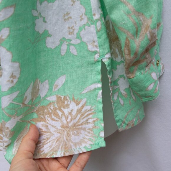 Charter Club Women P/P Tunic Shirt Linen Floral Green Button Up Roll Tab Sleeves - Picture 2 of 9